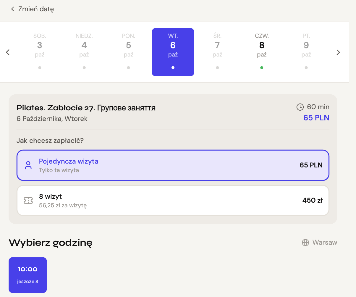 Choosing the day, how to pay (single visit or an 8-visit pass) and the time "10:00, 8 left"
