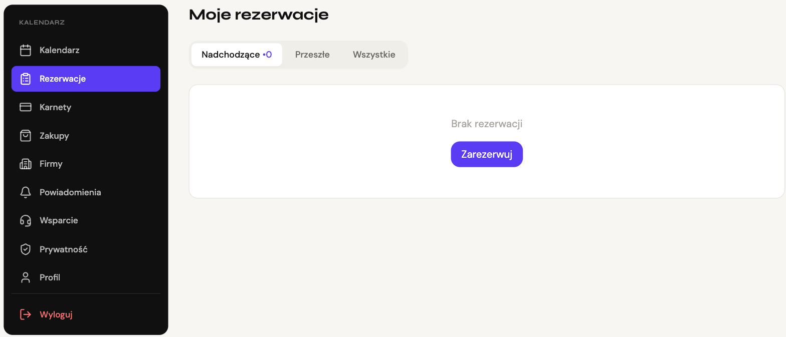 The account menu: Bookings with the Upcoming, Past and All tabs